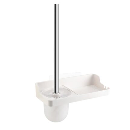 Cetomo Wall Mounted Toilet Brush and Holder with Attached Shelf and Hook for Storage Toilet Cleaner Brash Bathroom, Plastic Modern Drip-Proof No Drill Adhesive Easy Clean, White